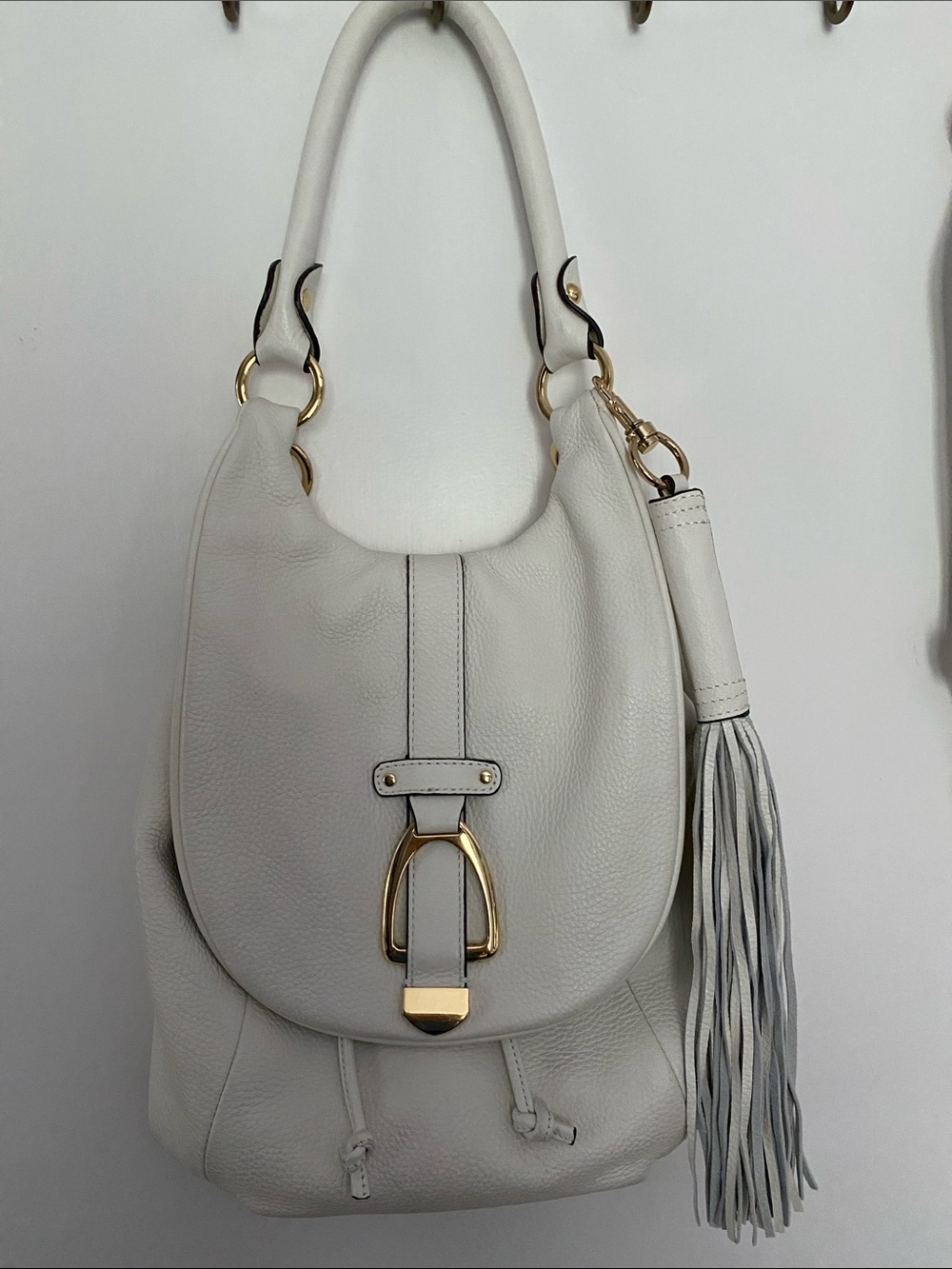 Women's Soft White Leather Shoulder Bag with Removable Tassel Accent & Backpack